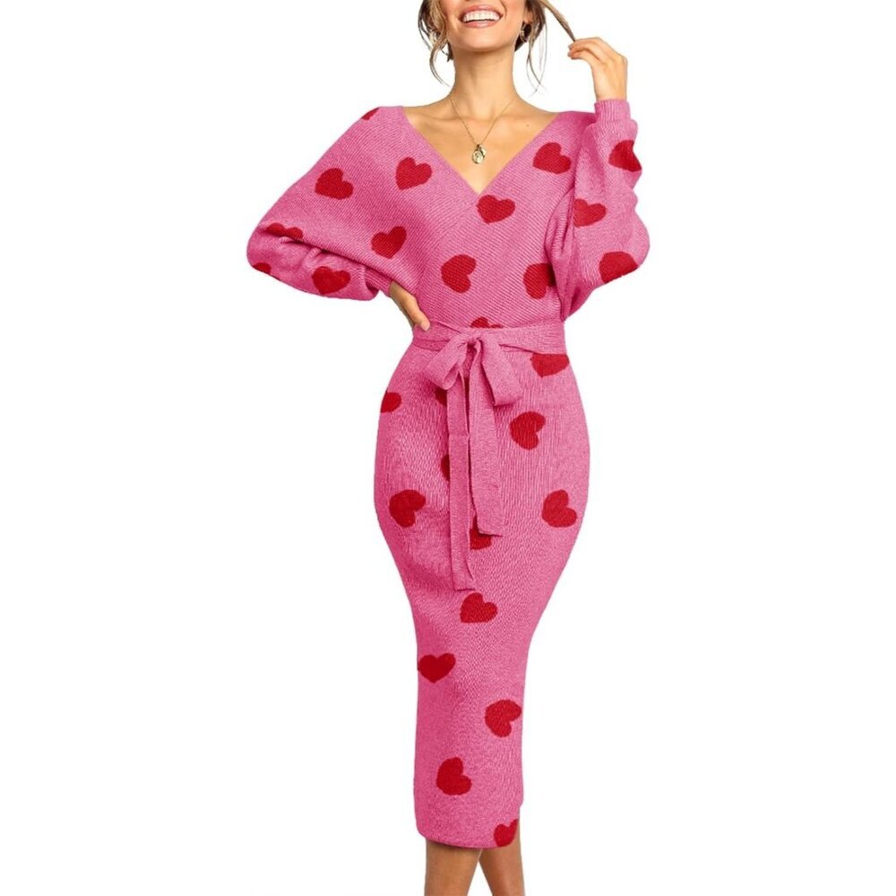 Women's Sweater Dress Wrap Batwing V Neck Slit Bodycon Dress Valentine Pink